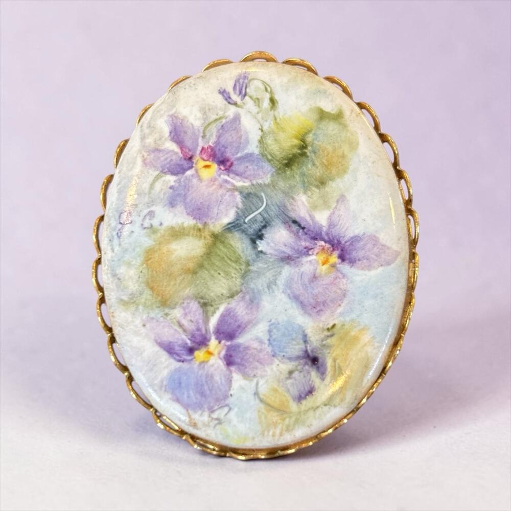 Hand Painted Porcelain Floral Brooch Purple Violets Gold Tone Vintage Pin Signed